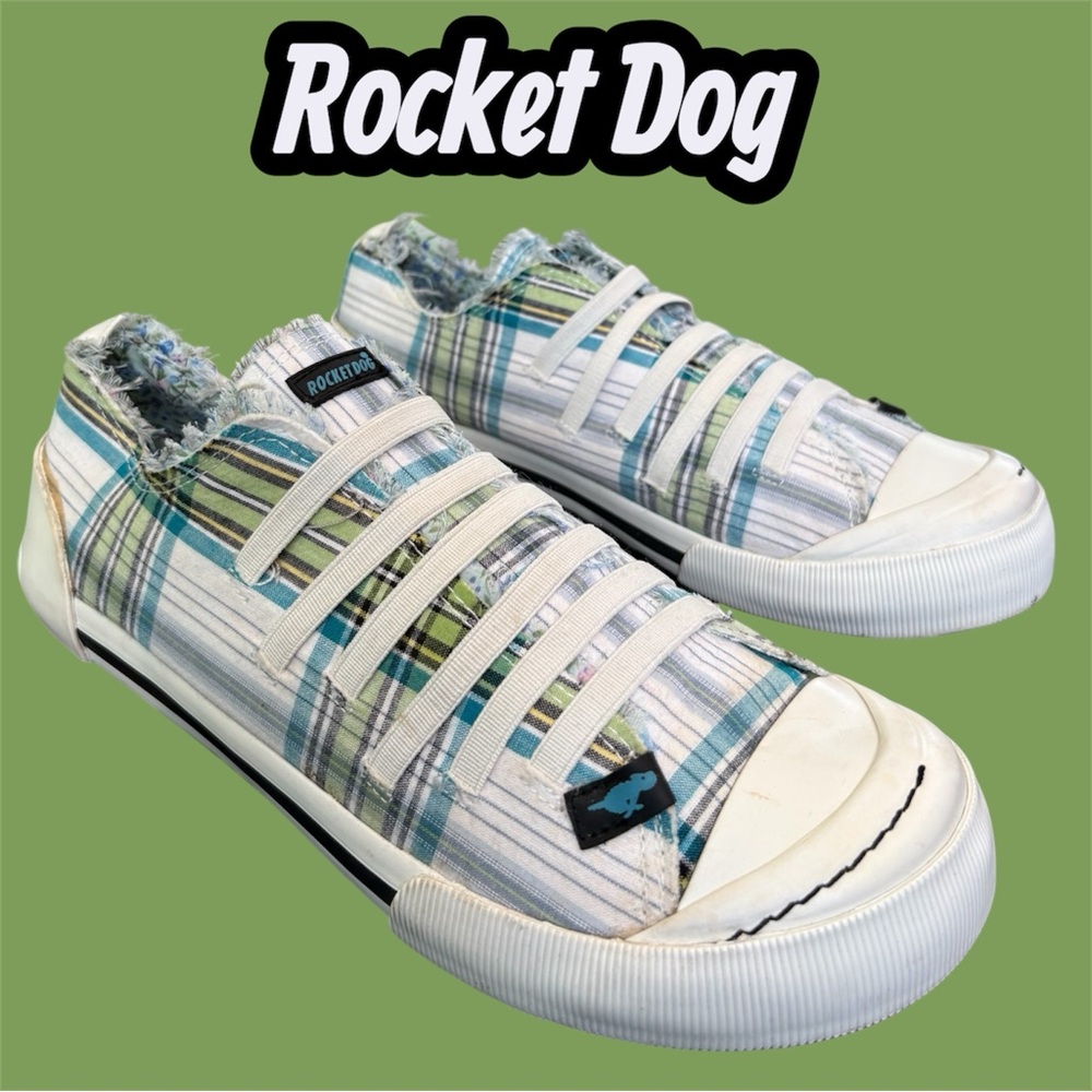 Rocket Dog Plaid Canvas Slip-On Sneakers in Blue, Green, White. Women’s 9.5 EUC!